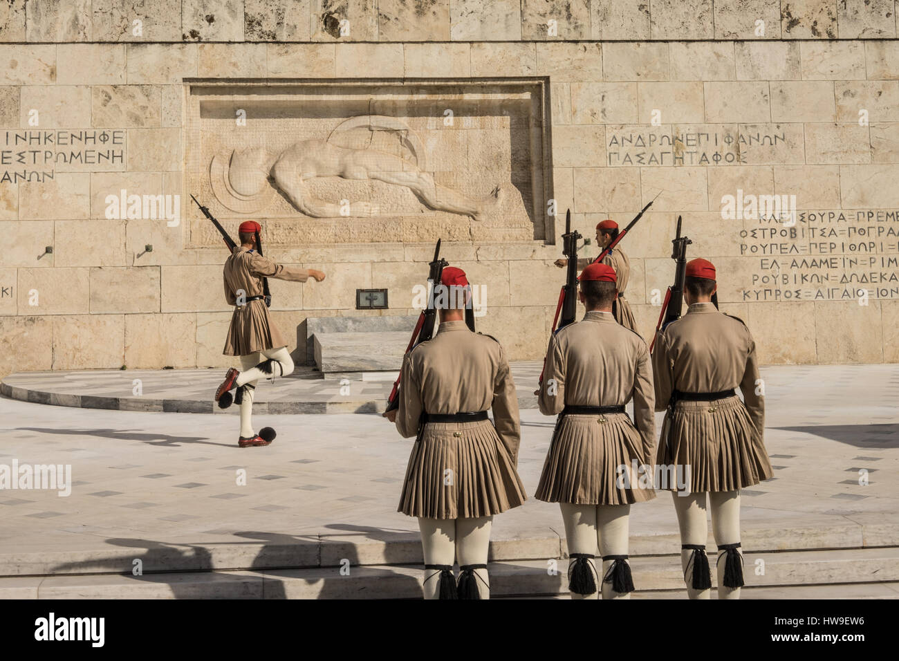 Evzones (Greek presidential guards) in Athens, Greece at the tomb of the unknown soldier. Stock Photo