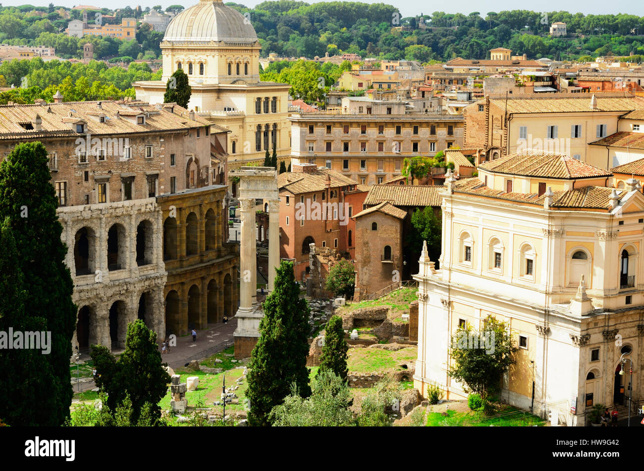 Theatre of Marcellus and The temple of Apollo Sosiano. Seen from the rooftop of the Capitoline museum. Rome, Lazio, Italy, Europe. Stock Photo