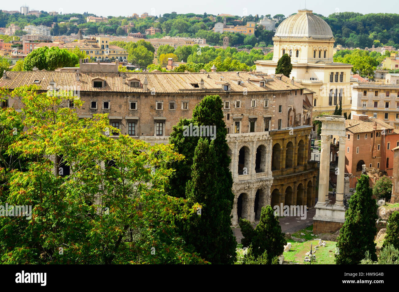 Theatre of Marcellus and The temple of Apollo Sosiano. Seen from the rooftop of the Capitoline museum. Rome, Lazio, Italy, Europe. Stock Photo