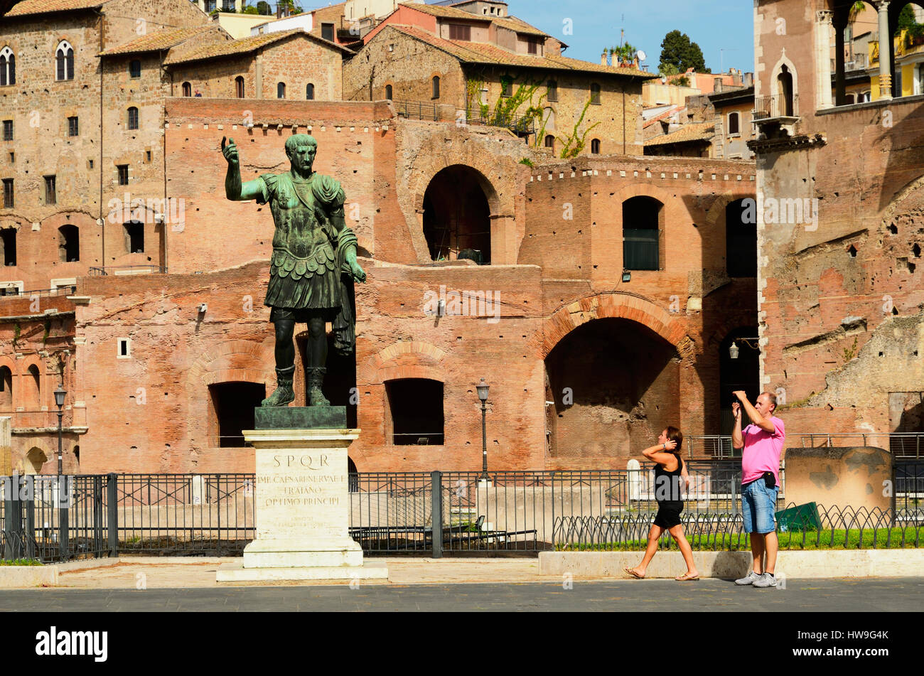 Bronze statue of Roman emperor Trajan. Via dei Fori Imperiali. Rome, Lazio, Italy, Europe. Stock Photo