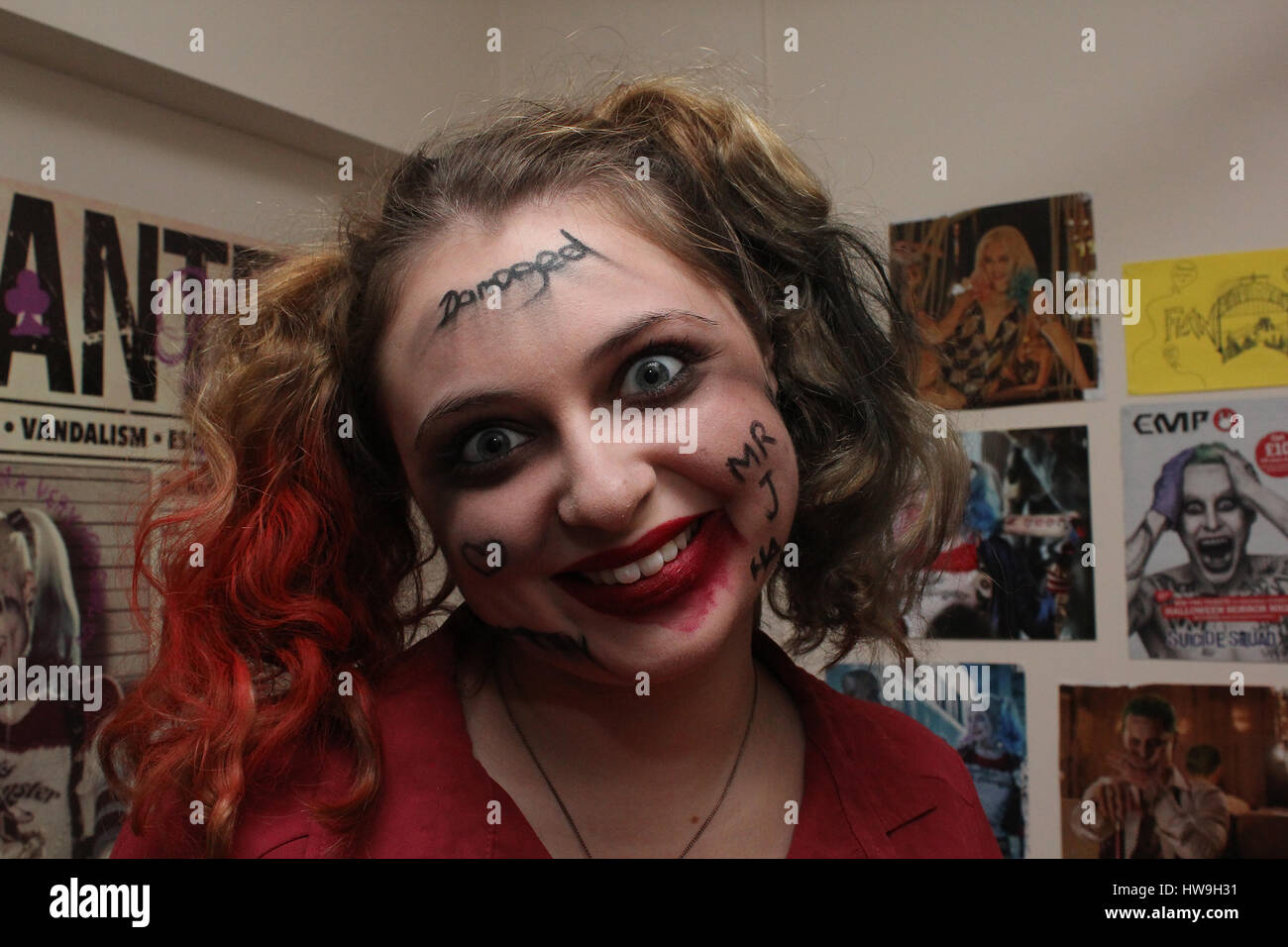 4/12/16, Pellet Street, Cardiff, Wales. In flat flat 1502 Francesca Wood age 20, cosplaying as the comic book charactor “Harley Quinn”. Stock Photo
