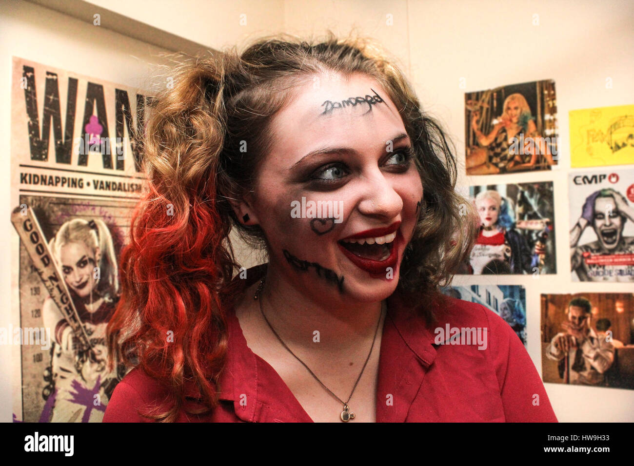 4/12/16, Pellet Street, Cardiff, Wales. In flat flat 1502 Francesca Wood age 20, cosplaying as the comic book charactor “Harley Quinn”. Stock Photo