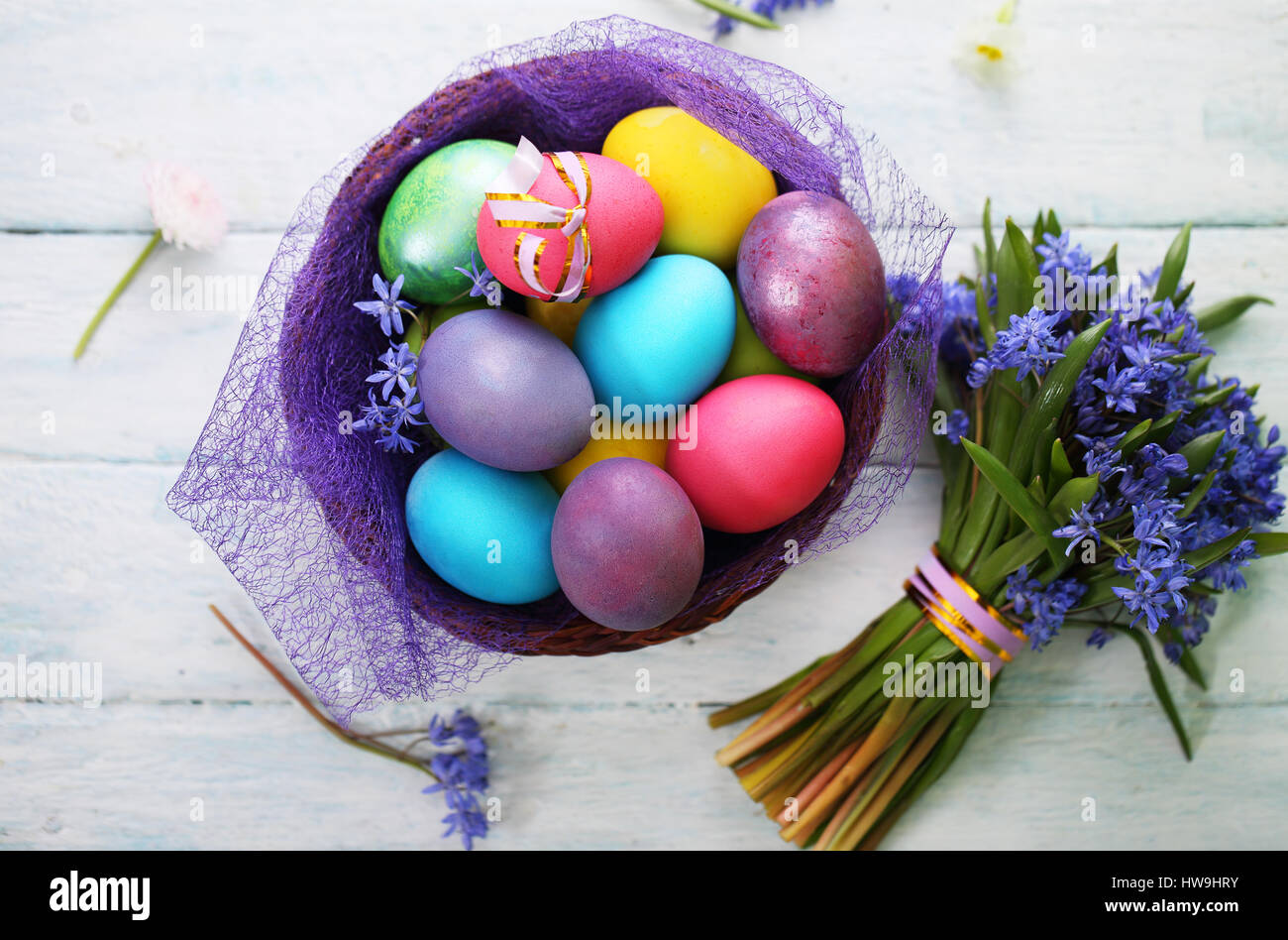 Basket with Easter eggs. Top view Stock Photo
