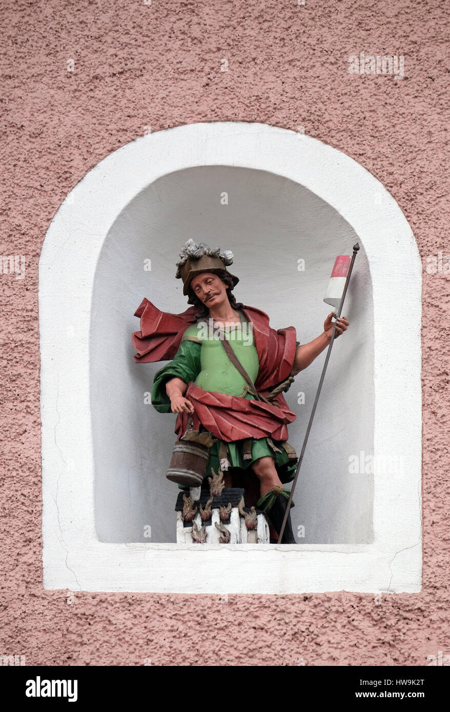 Saint Florian statue on the facade of the house in Hallein, Austria on December 14, 2014. Stock Photo