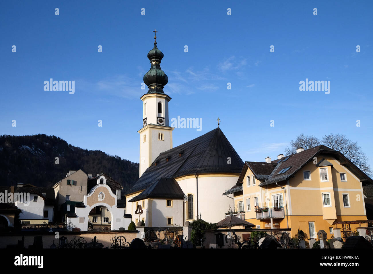 Parish Church in St. Gilgen on Wolfgang See lake, Austria on December 14, 2014. Stock Photo