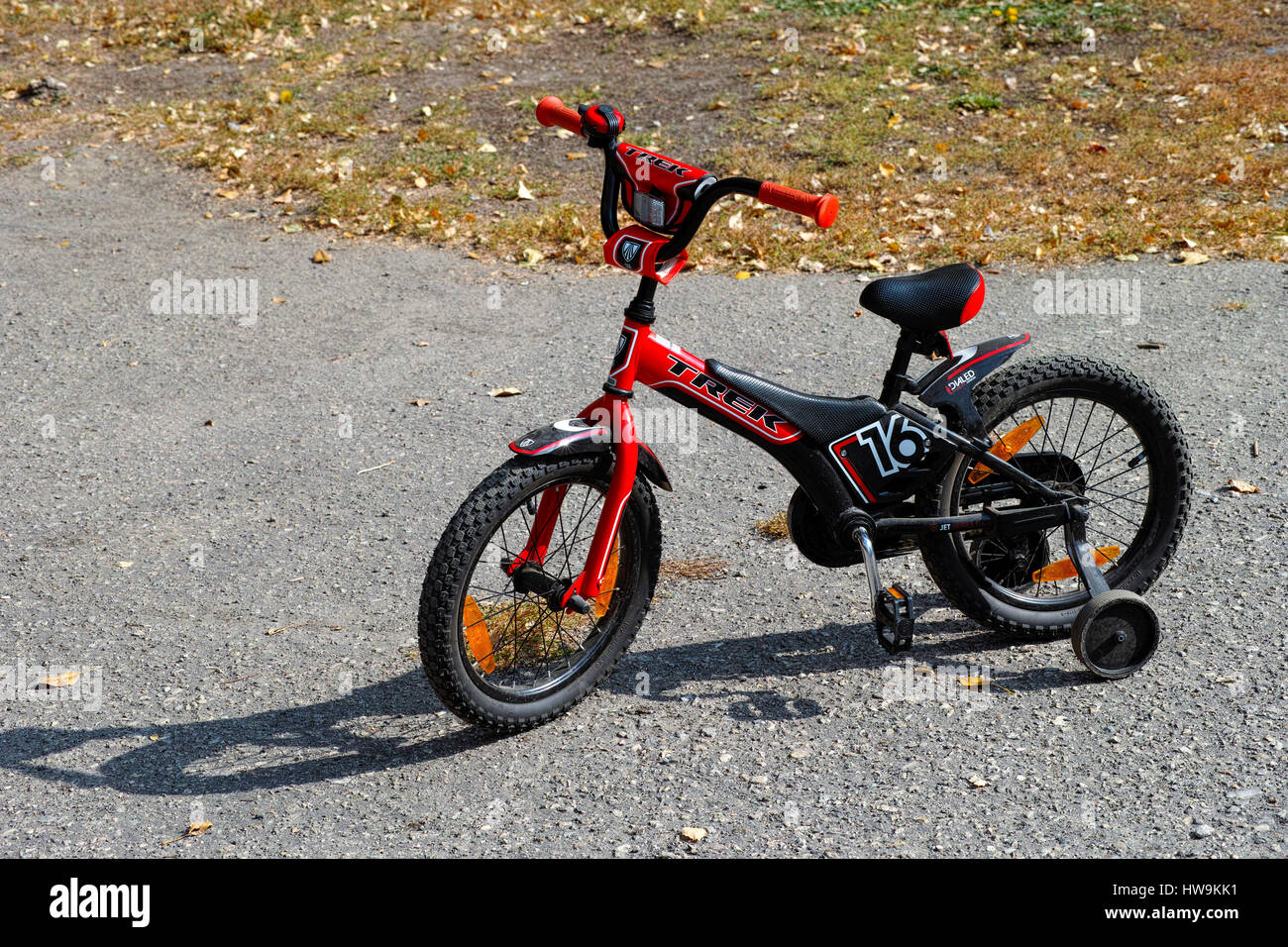 Tambov, Russian Federation - September 27, 2014 Trek Jet 16 child bicycle with training wheels. Stock Photo
