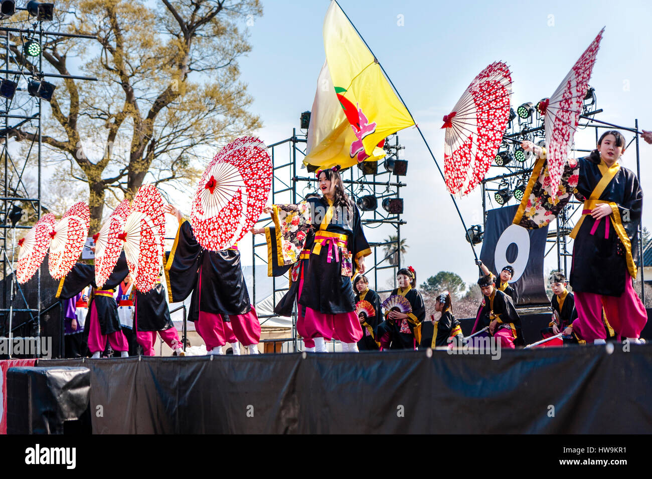 Yosakoi dance Festival. Children, girls, dancing in line, wearing black and yellow yukata while holding red and white paper umbrellas, on stage. Stock Photo