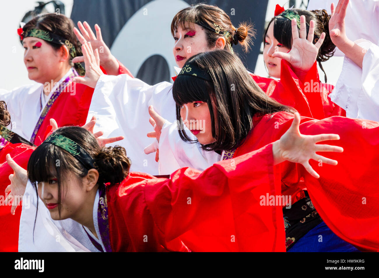 Hinokuni Yosakoi dance Festival. Women teenage dancers in red and white yukata with long sleeves, leaning forward, arms outstretched. Close-up, side. Stock Photo