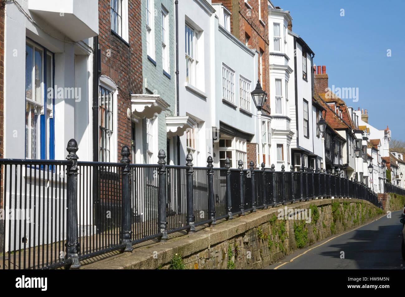 Hastings Old Town, Hastings High Street, quaint houses on the raised