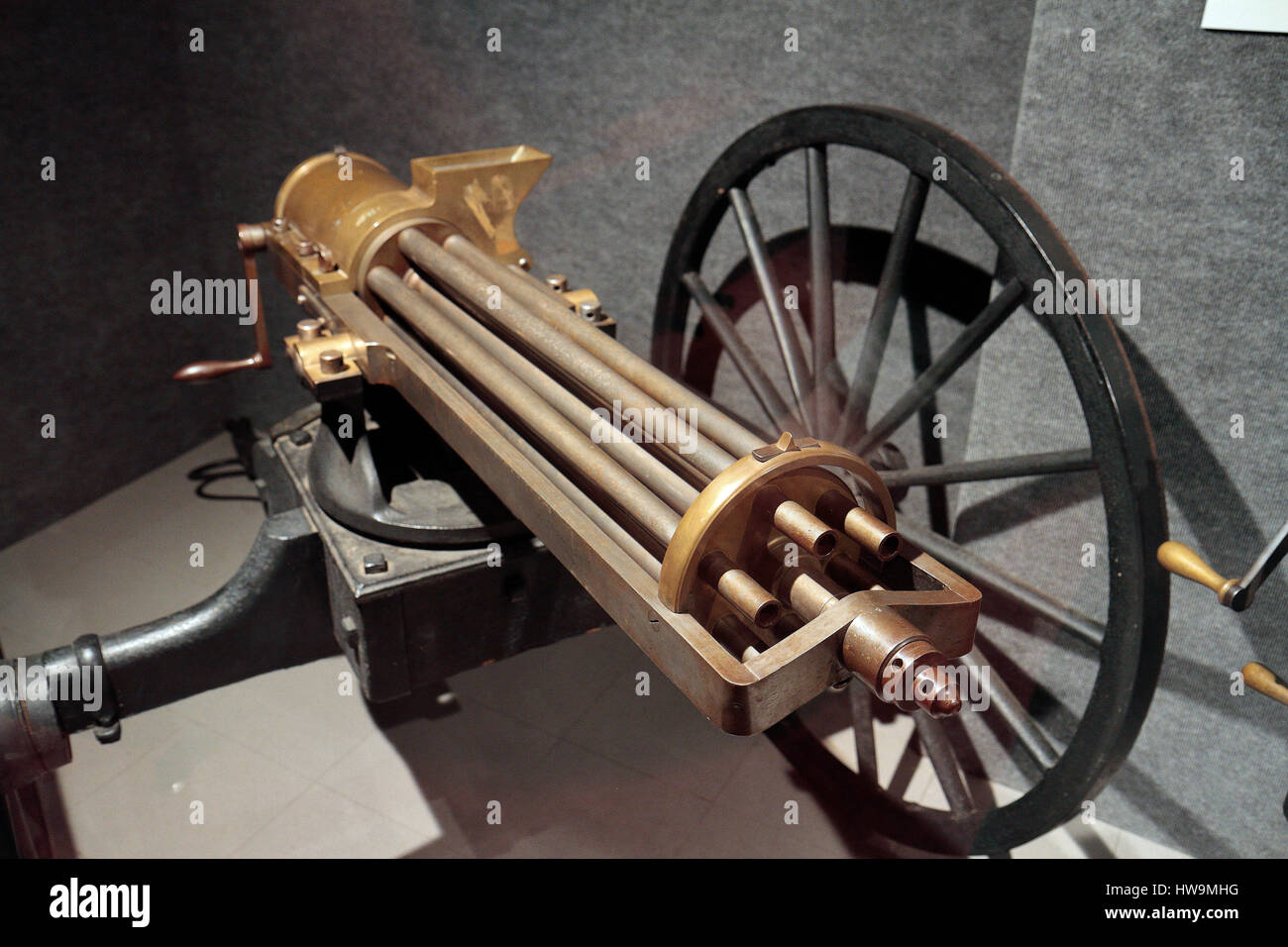 A Gatling rapid-fire gun model 1862 on display in the Springfield Armory National Historic Site, Springfield, Ma, United States. Stock Photo