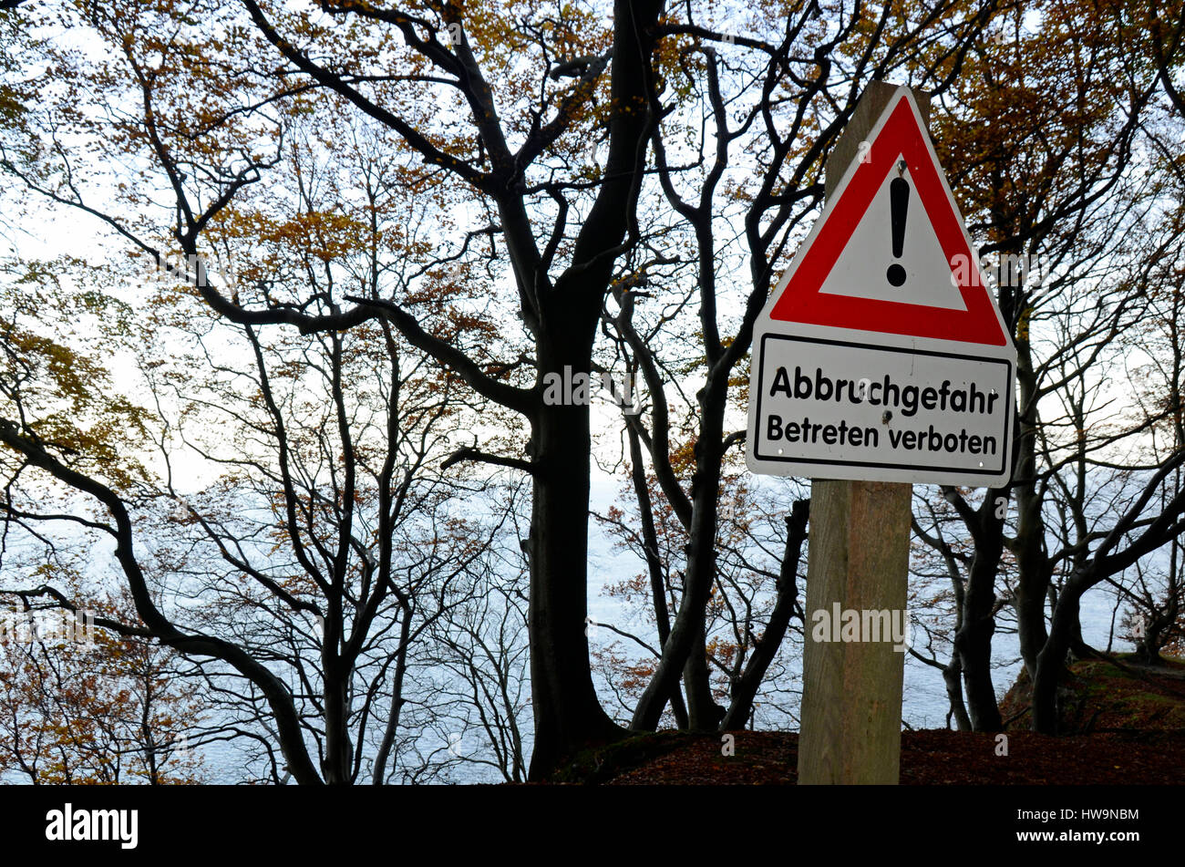 Warning sign, steep cliff,  Nationalpark Jasmund, Ruegen Island Stock Photo