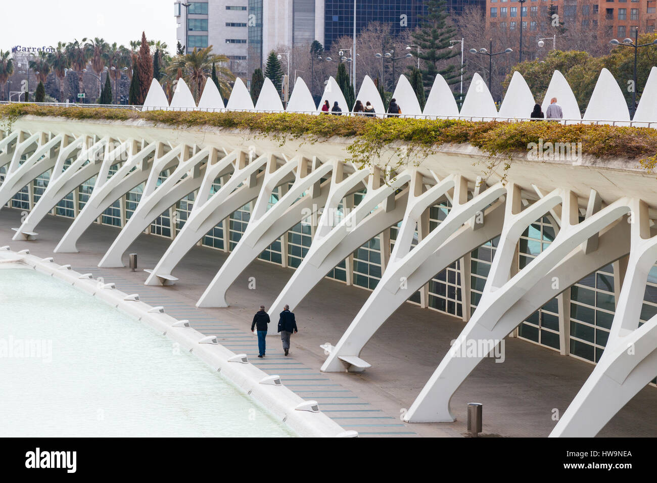 Two pedestrians walking along one of the buildings of the City of Arts and Sciences. Valencia, Spain. Stock Photo