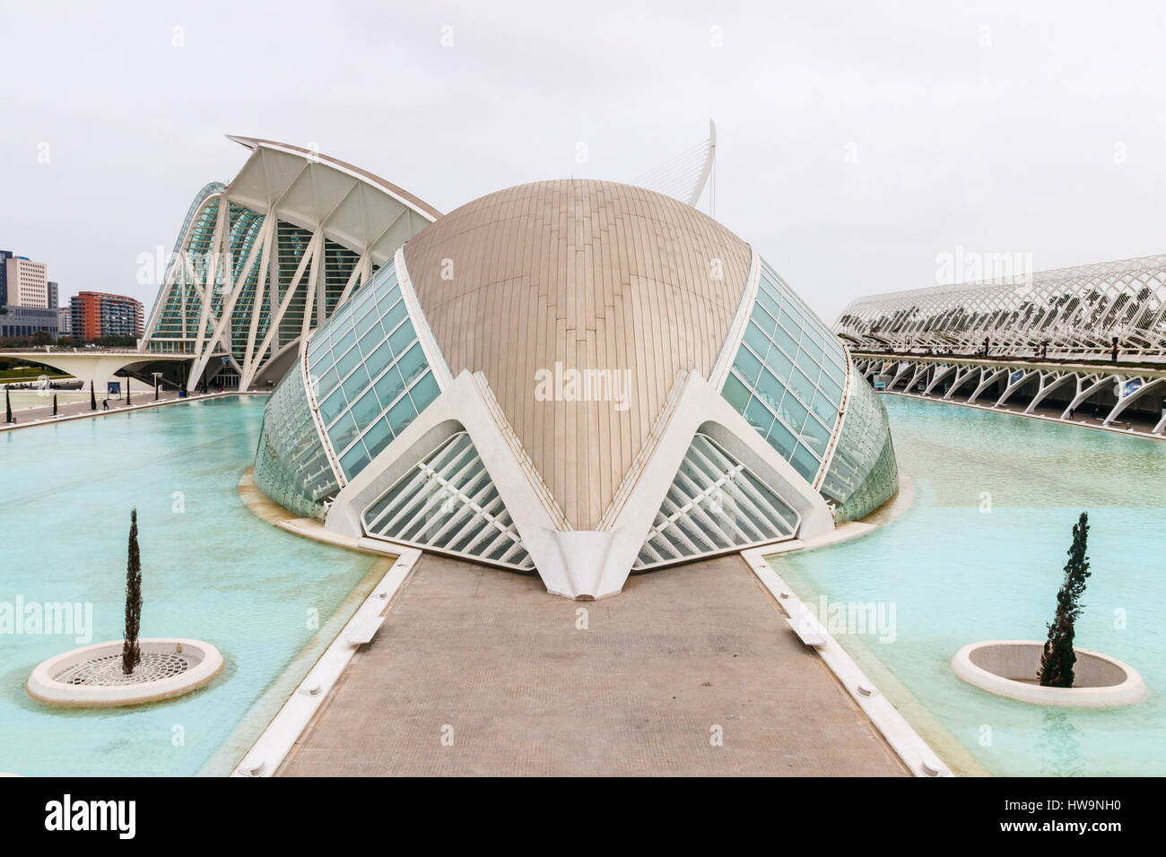 L'Hemisferic, part of the City of Arts and Sciences with L'Umbracle and Museu de les Ciencies Principe Felipe at the background. Valencia, Spain. Stock Photo