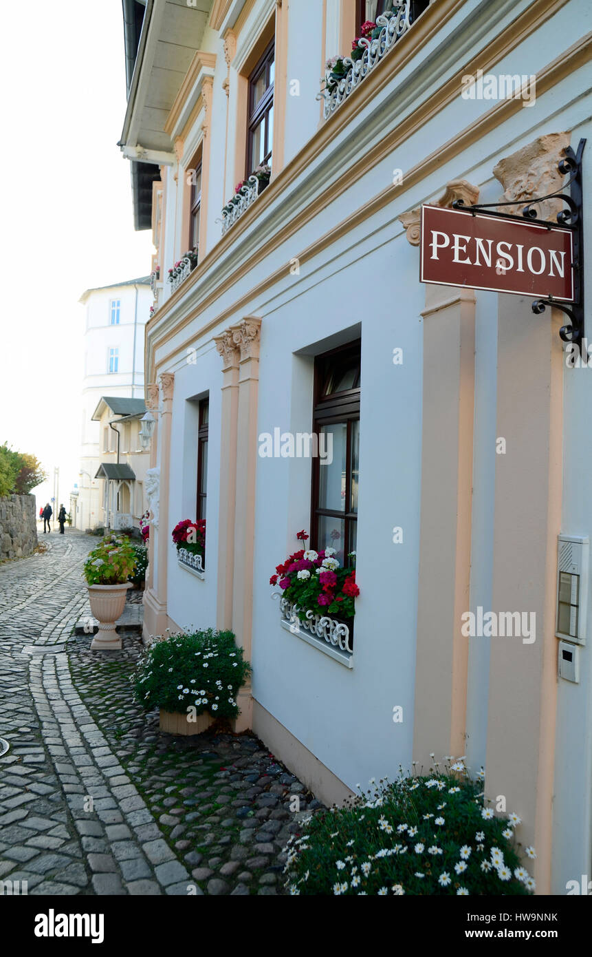 Small street with typical building (hotel) in old town of Sassnitz, Ruegen Island Stock Photo
