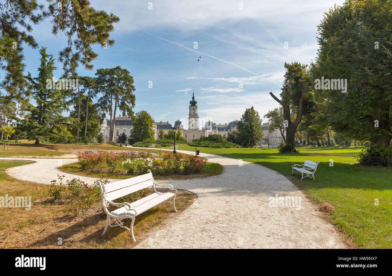 Festetics Palace park with birds in the blue sky. Keszthely, Zala county, Hungary. Festetics Palace is the most popular place of interest that is visi Stock Photo