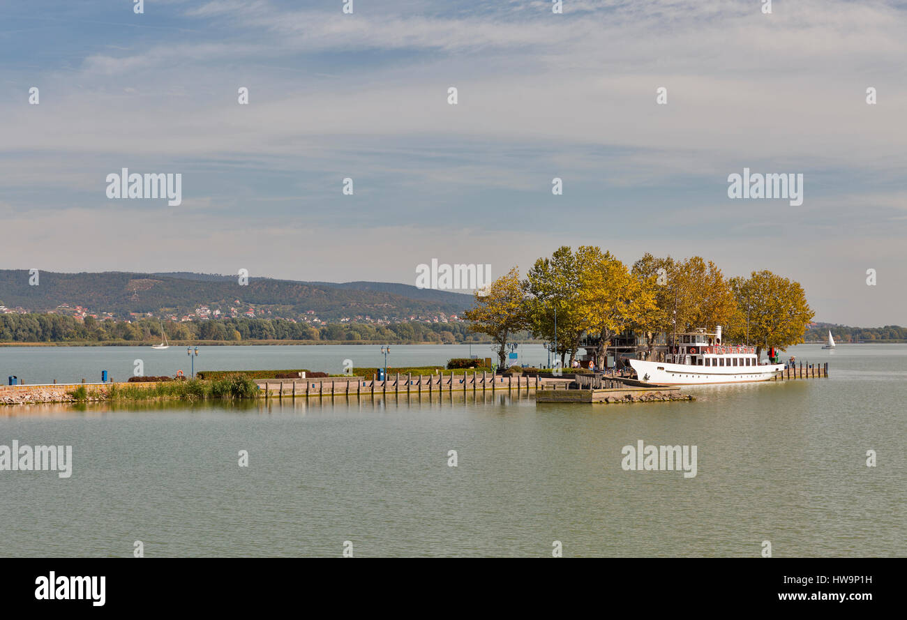 Pier for passenger touristic ships on lake Balaton, Keszthely, Hungary. Stock Photo