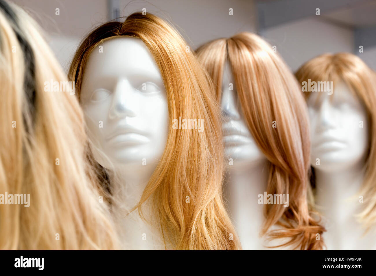 Wigs On Mannequin Heads In A Row Stock Photo - Download Image Now - Hair,  Mannequin, Abstract - iStock