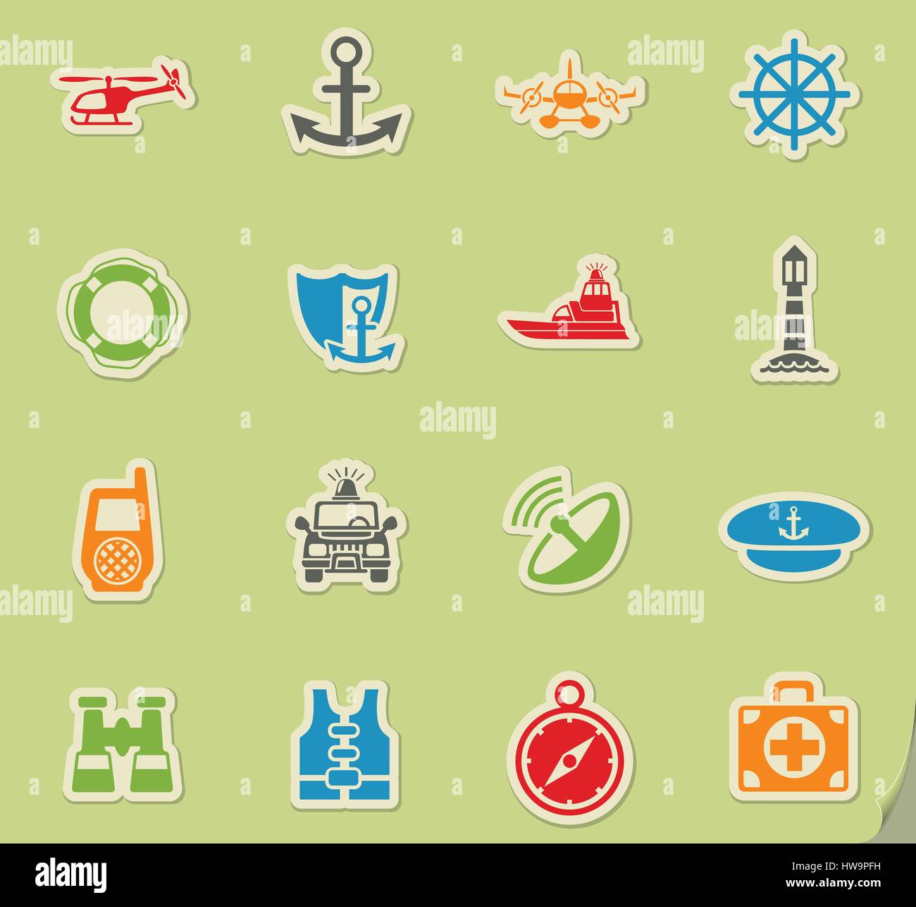 coastguard web icons on color paper stickers for user interface Stock Vector