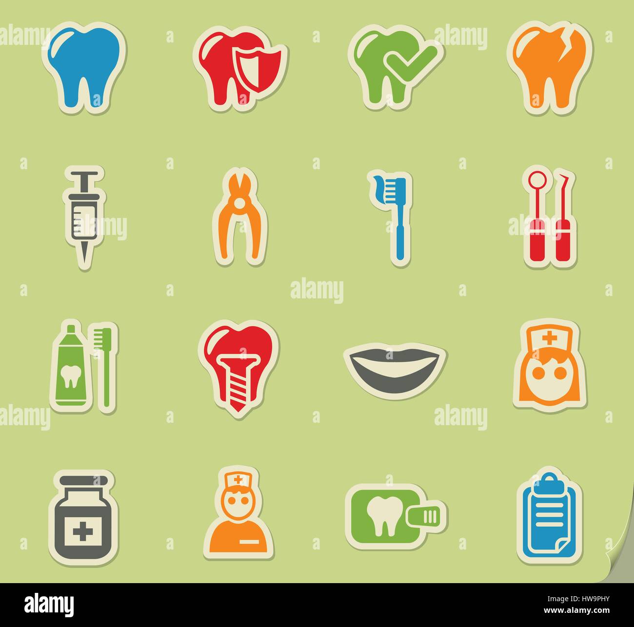 dental office web icons on color paper stickers for user interface ...