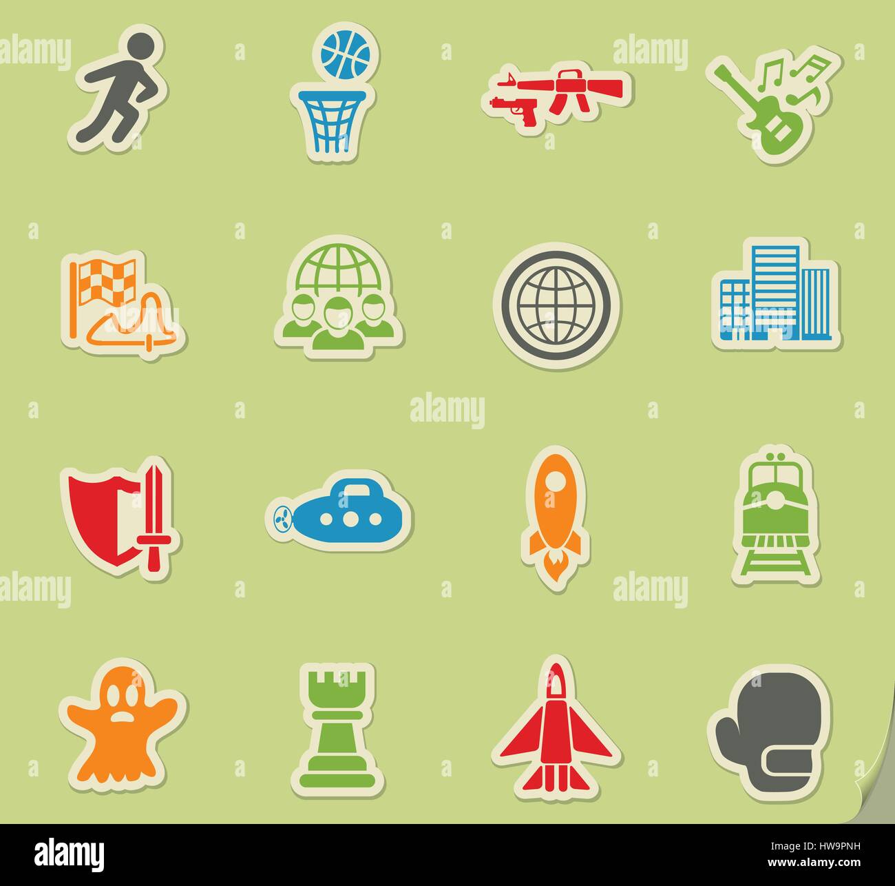 game genre web icons on color paper stickers for user interface Stock ...