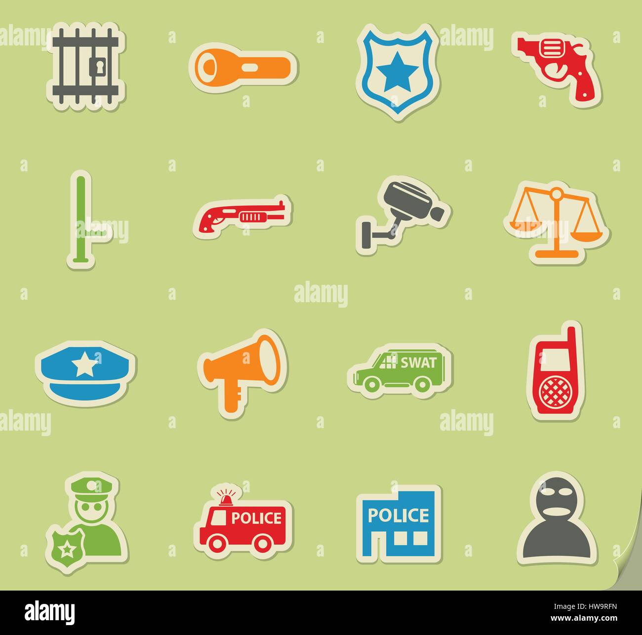 police web icons on color paper stickers for user interface Stock ...