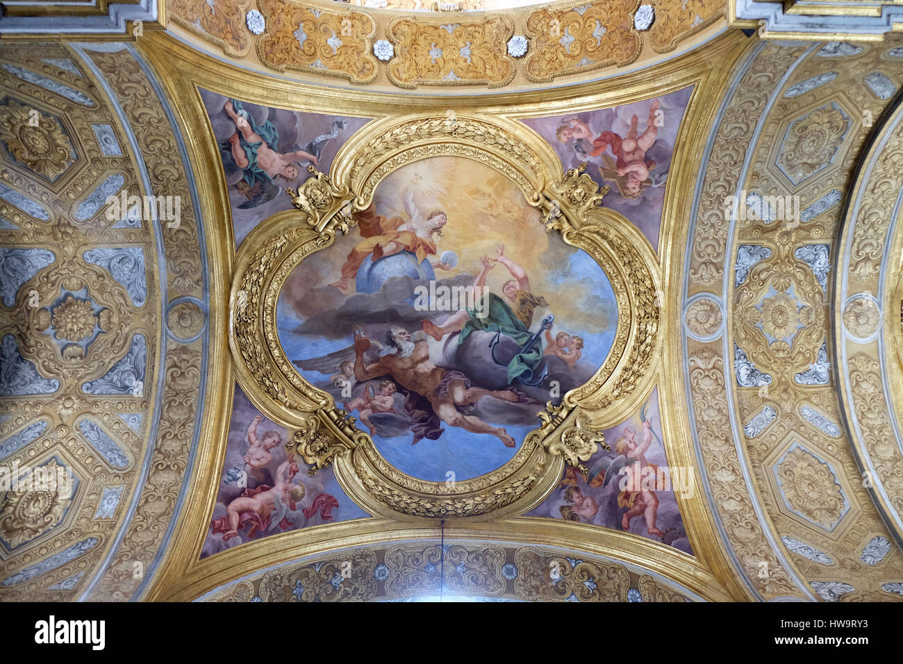 The fresco of virtues of Hope and Truth on the little cupola of side nave in Basilica dei Santi Ambrogio e Carlo al Corso by Pio Paolini from (1678 - Stock Photo