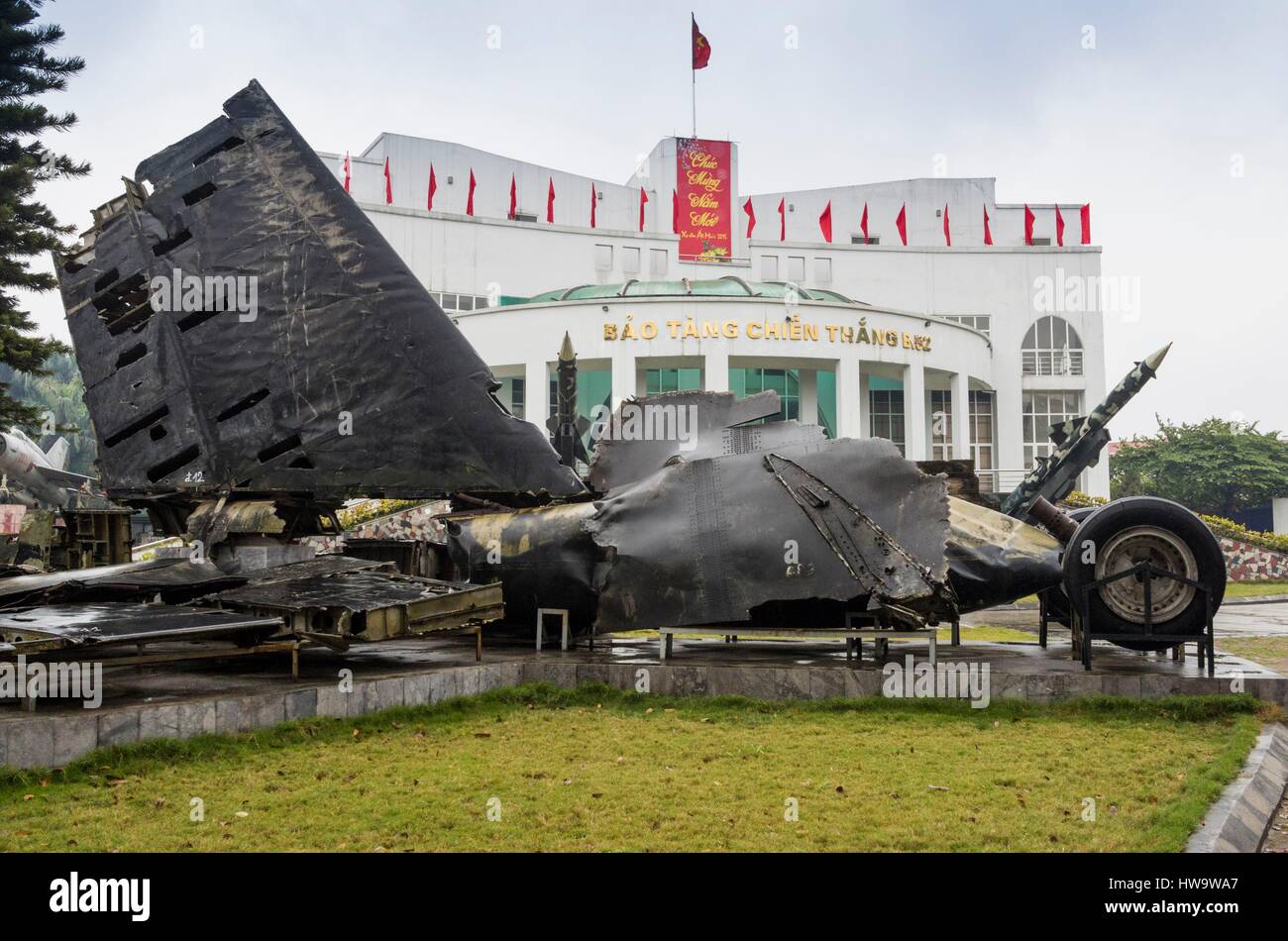 Vietnam, Hanoi, B-52 Victory Museum, exterior with wreck of US Air Force B-52 momber Stock Photo