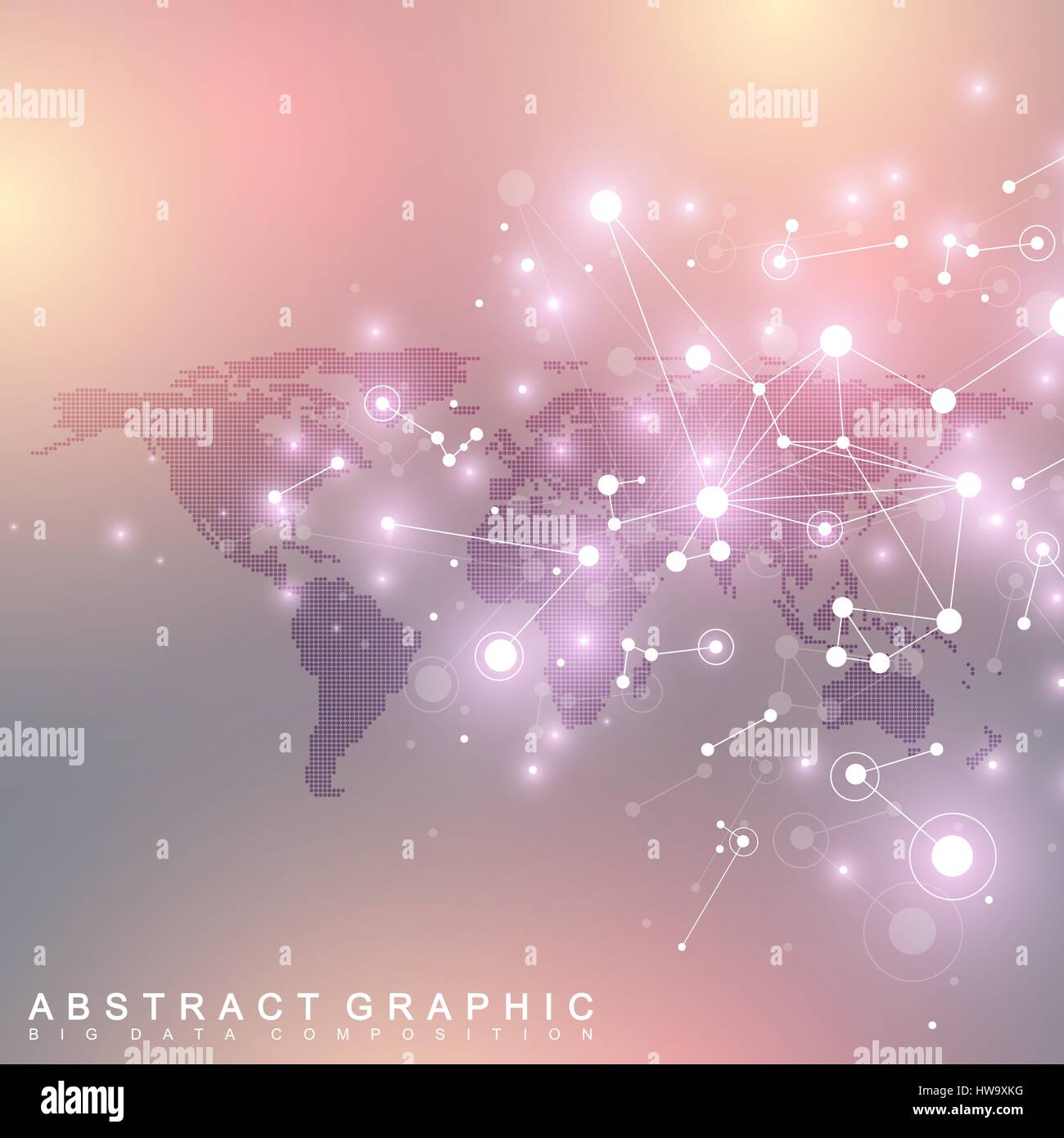 Dotted World Map with global technology networking concept. Digital data visualization. Scientific cybernetic particle compounds. Big Data background communication. Vector illustration. Stock Vector