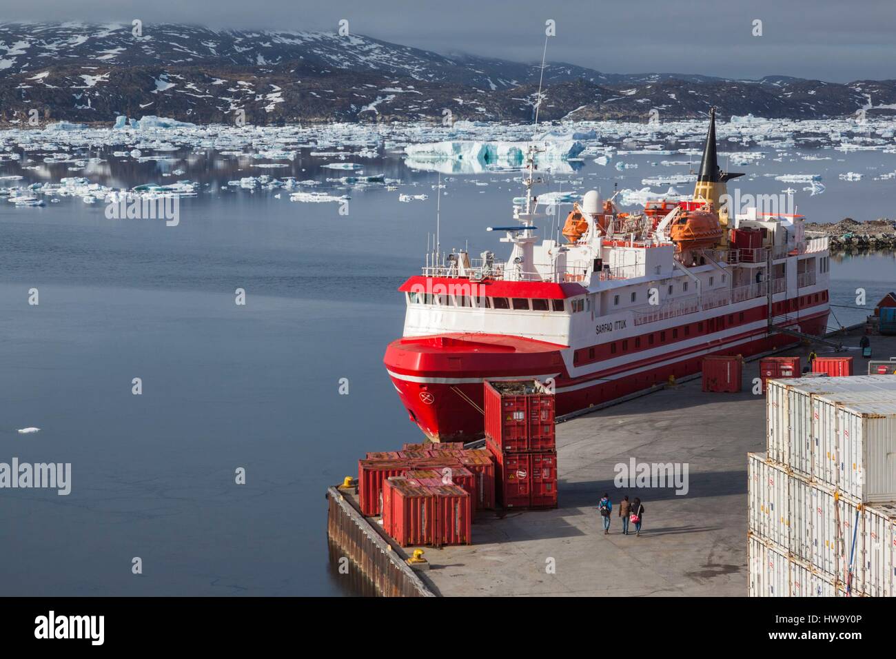 Greenland, Qaqortoq, elevated view of coastal ferry, dawn Stock Photo