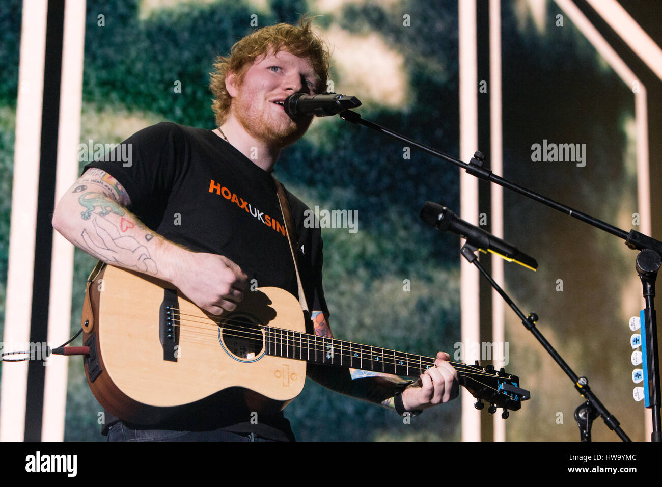 Turin Italy. 16th March 2017. The English singer-songwriter ED SHEERAN performs live on stage at PalaAlpitour during the 'Divide Tour 2017' Stock Photo