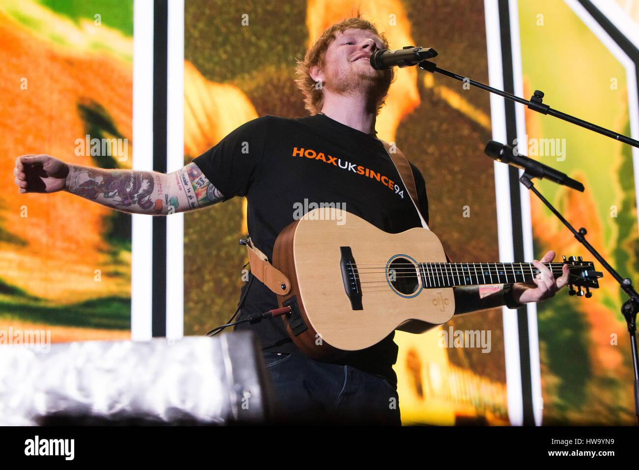 Turin Italy. 16th March 2017. The English singer-songwriter ED SHEERAN performs live on stage at PalaAlpitour during the 'Divide Tour 2017' Stock Photo