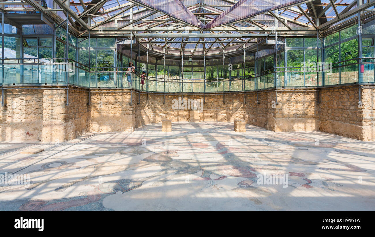 PIAZZA ARMERINA, ITALY - JUNE 29, 2011: indoor of Villa Romana del Casale. This ancient villa was built in the first quarter of the 4th century and lo Stock Photo