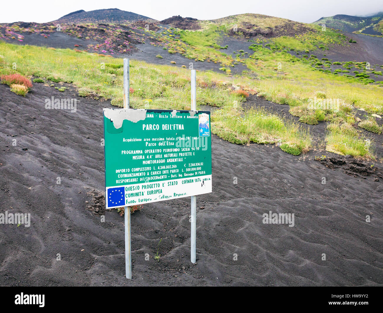 ZAFFERANA ETNEA, ITALY - JULY 7, 2011: Road Sing about area of Natural Pak on Etna Mount (Parco dell Etna) in Sicily. The Etna Park is a protected nat Stock Photo