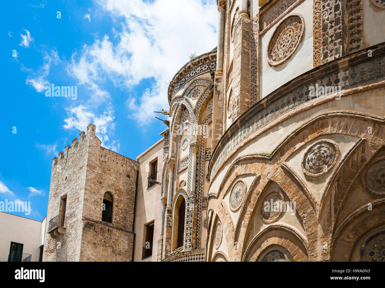 travel to Italy - decorated building of Norman cathedral Duomo di Monreale in Sicily Stock Photo