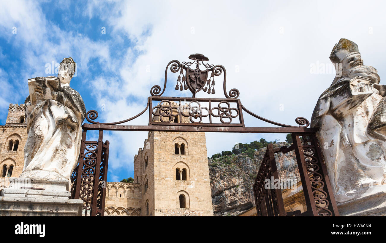 travel to Italy - gate of Cathedral Duomo di Cefalu in Sicily Stock Photo