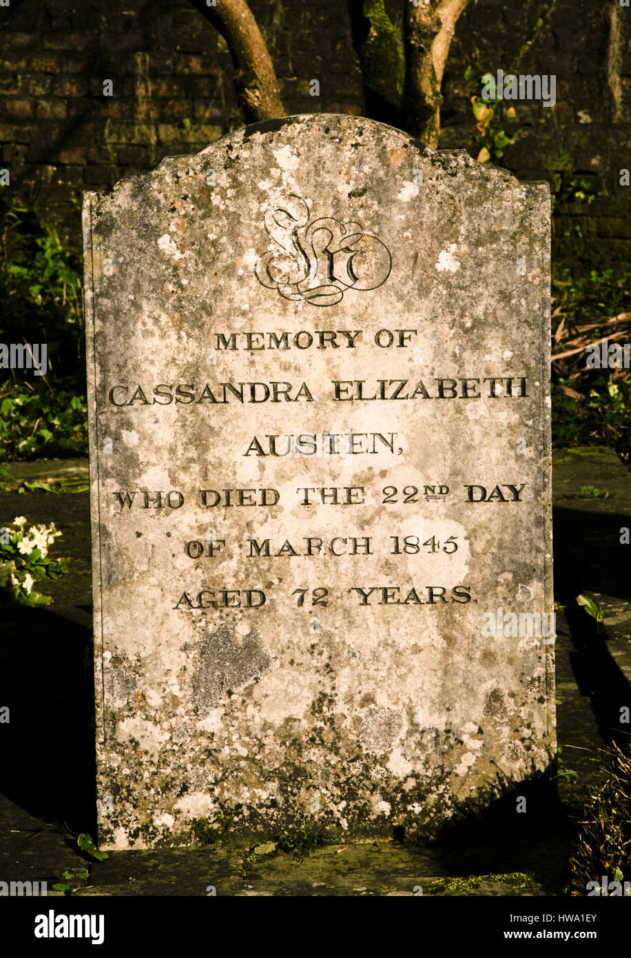 The gravestone of Cassandra Elizabeth Austen the elder sister of the Author Jane Austen at St Nicholas Church ,Chawton near Alton Hampshire. Stock Photo