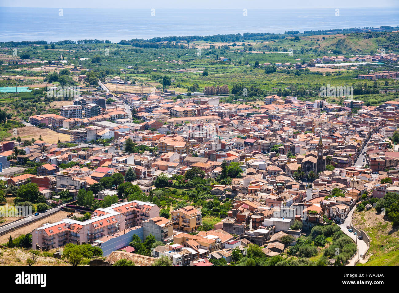 travel to Italy - above view of Calatabiano town in Sicily Stock Photo