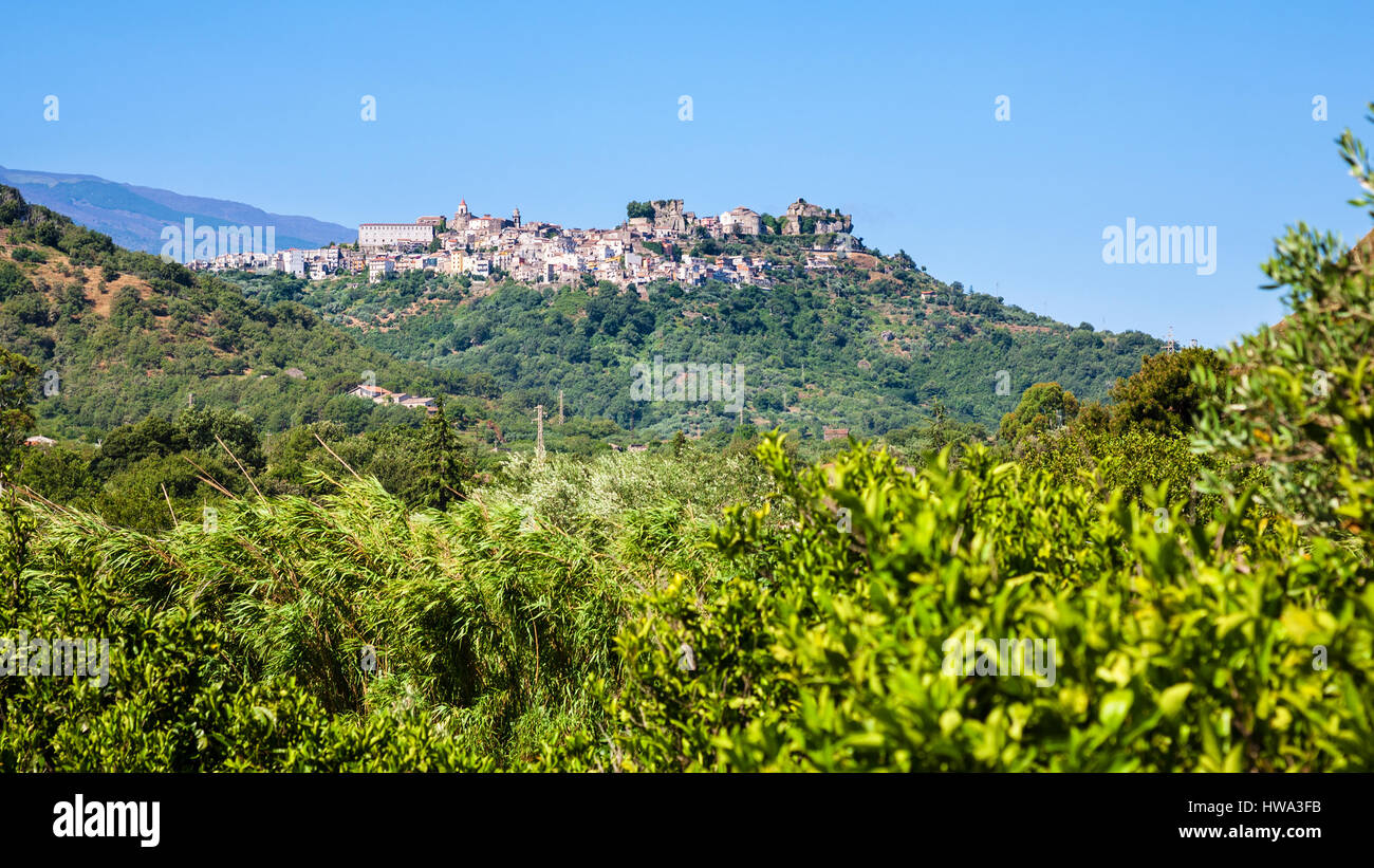 travel to Italy - view of Castiglione di Sicilia town on hill in Sicily Stock Photo