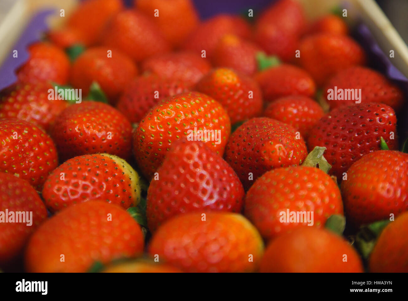 Fresh ripe strawberries big red background with green sprouts Stock ...