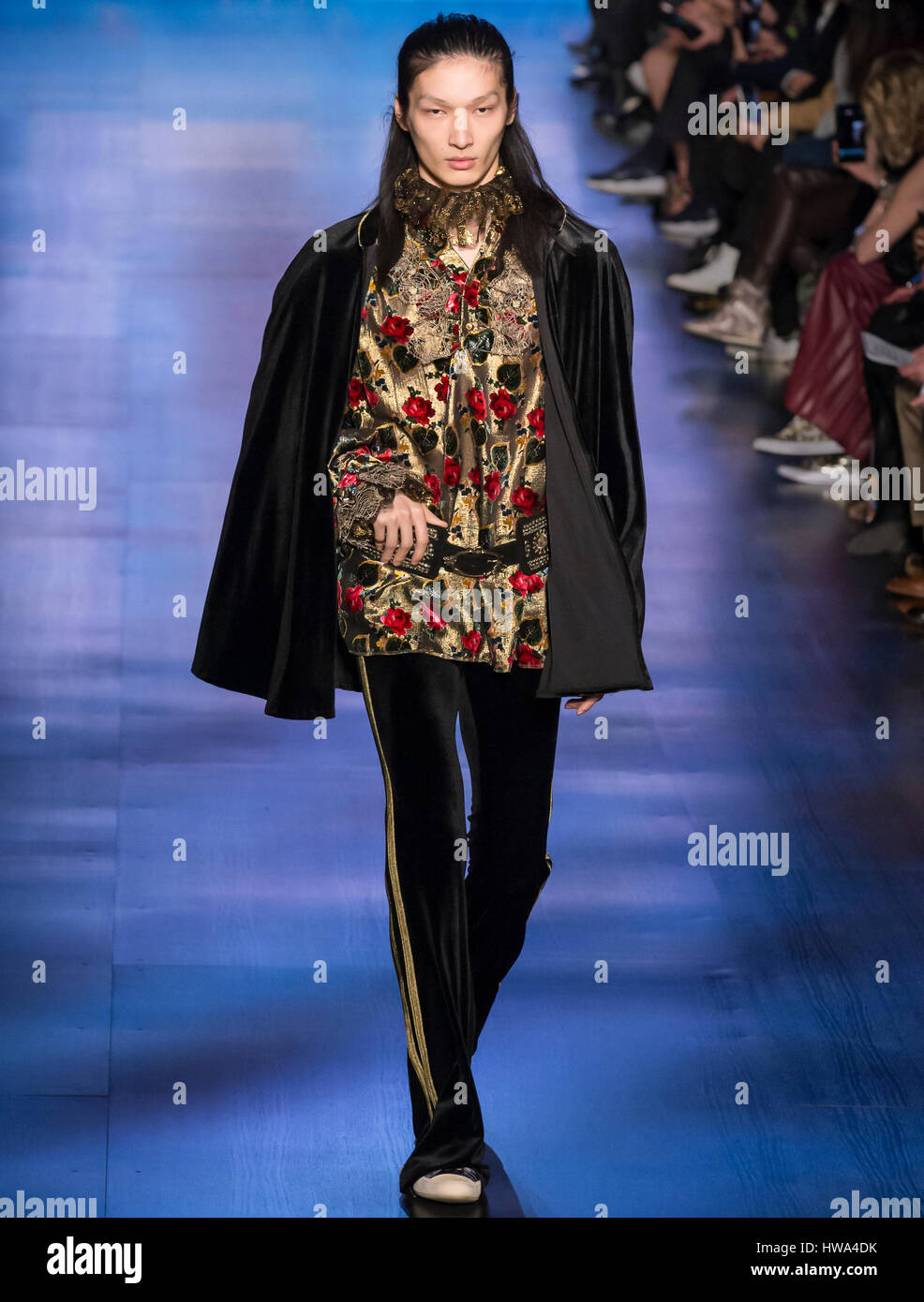 NEW YORK, NY - FEBRUARY 15, 2017: Zhengyang Zhang walks the runway at the Anna Sui Fall Winter 2017 fashion show during New York Fashion Week at Skyli Stock Photo