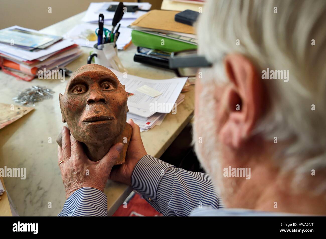 France, Paris, the french paleontologist and paleoanthropologist Yves Coppens, professor at the College de France, in the office of his home in Paris, Stock Photo