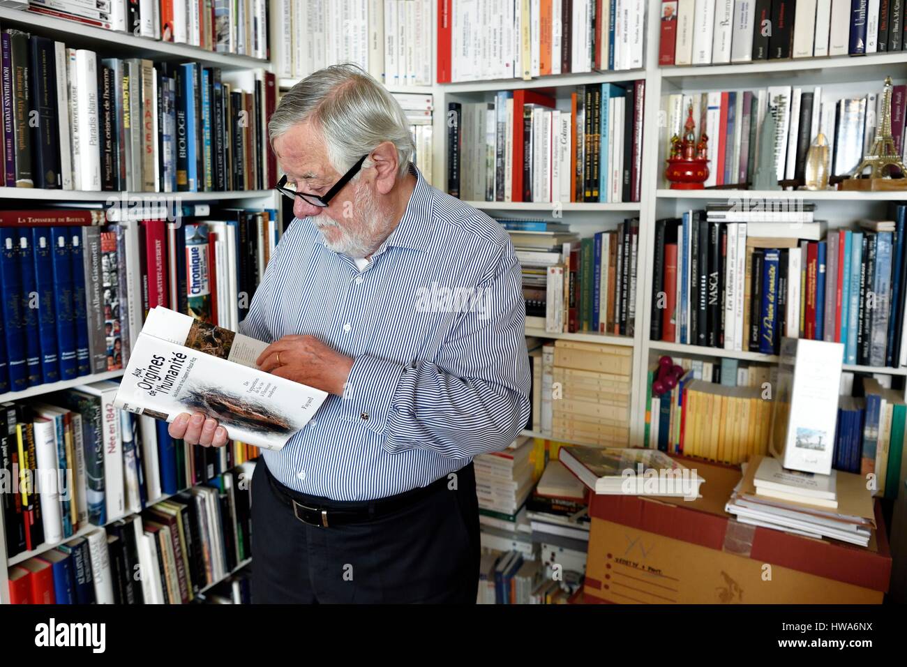 France, Paris, the french paleontologist and paleoanthropologist Yves Coppens, professor at the College de France, in the office of his home in Paris Stock Photo