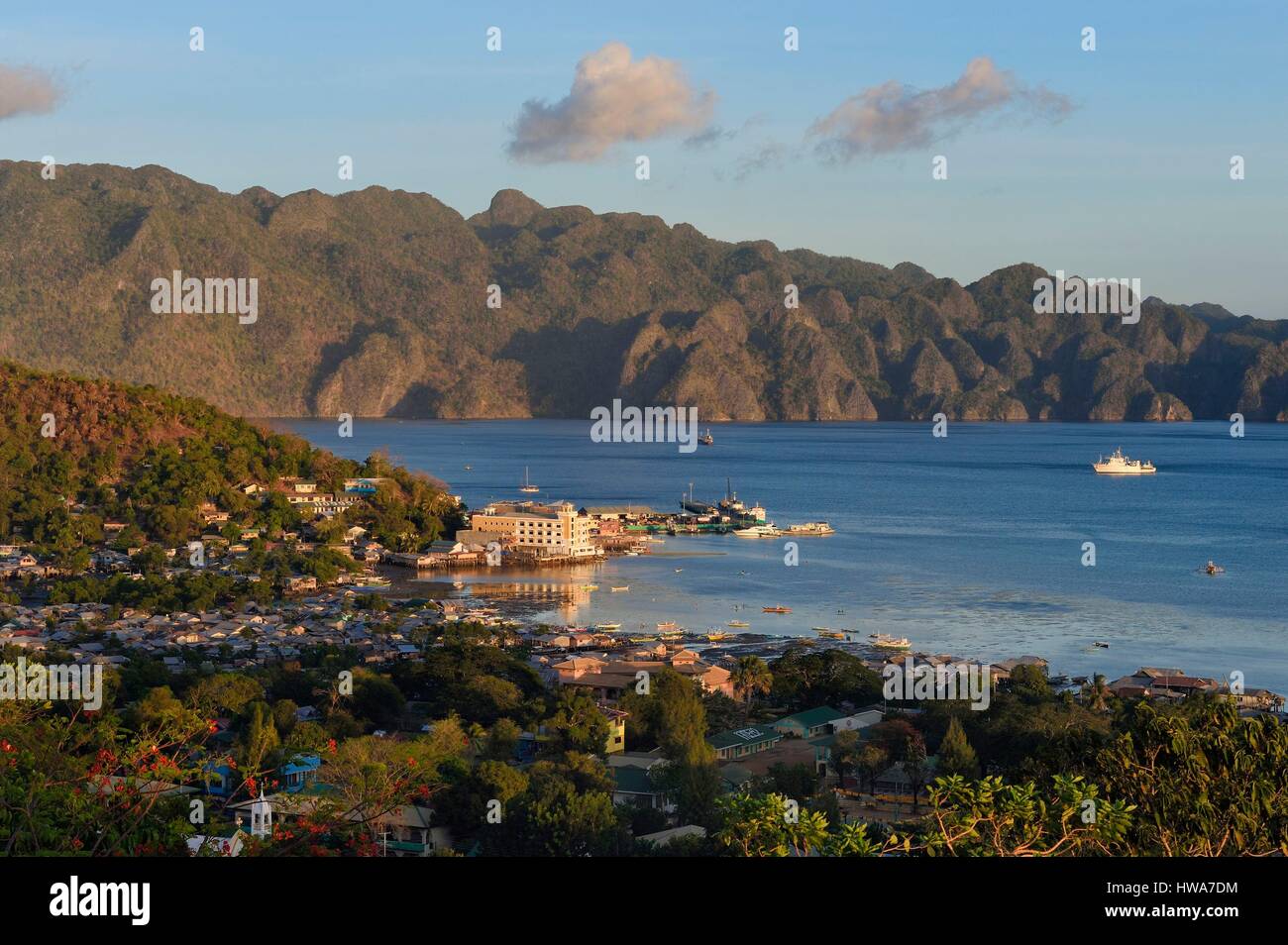 Philippines, Calamian Islands in northern Palawan, Coron Island, Coron Town and Coron Island Natural Biotic Area in the background Stock Photo