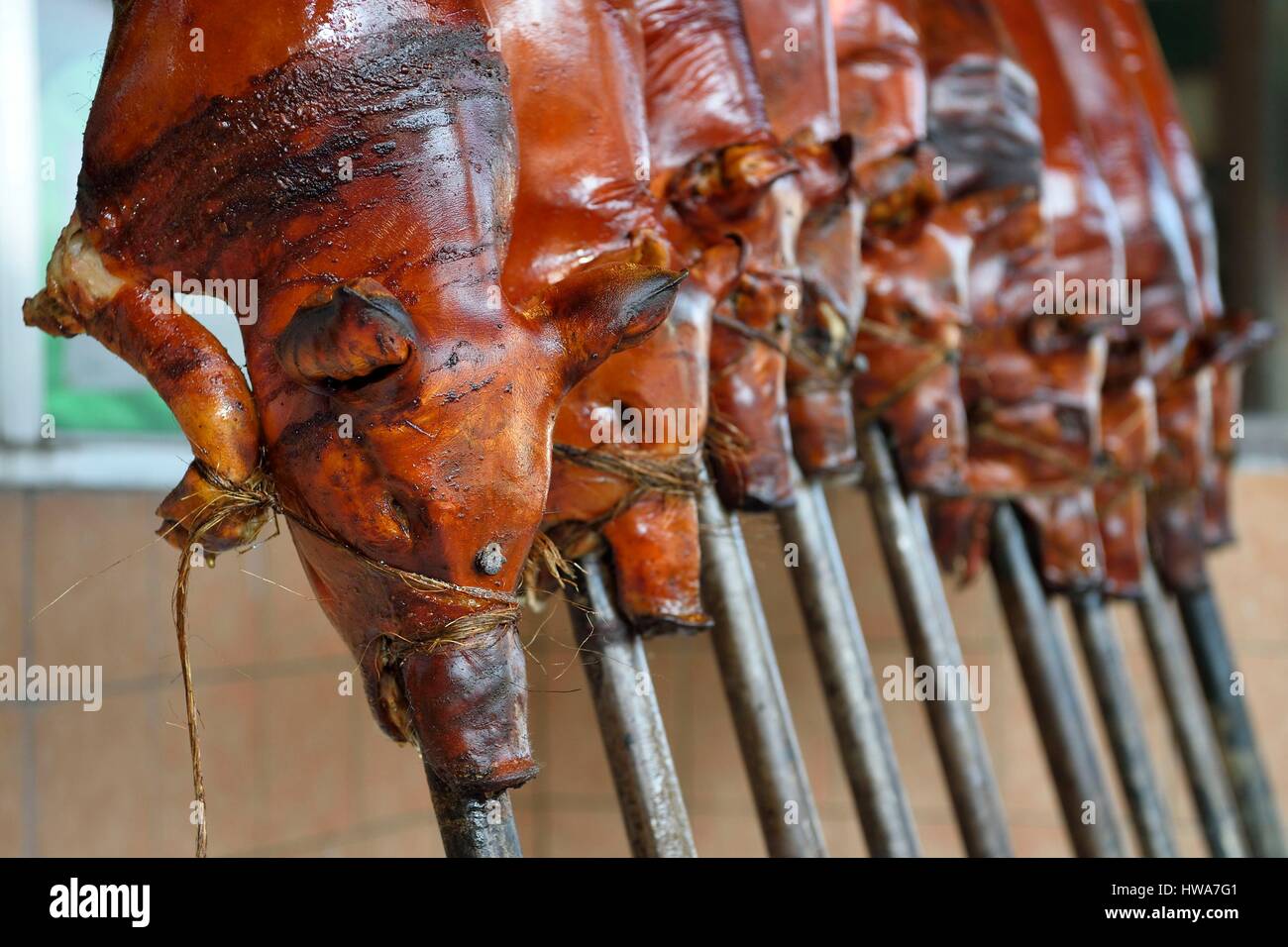 Philippines, Luzon island, Manila, La Loma district, spit-roasted suckling pig (lechon) Stock Photo