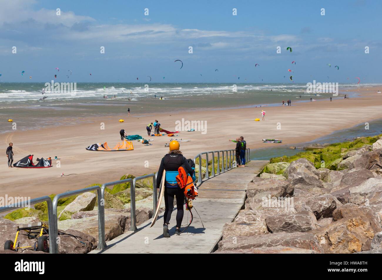 France, Pas de Calais, Wissant, kitesurfing and windsurfing Stock Photo