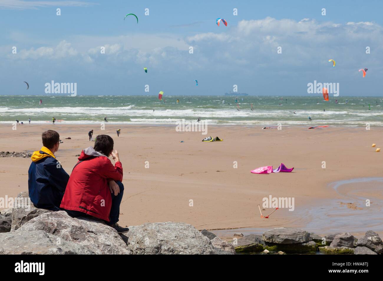 France, Pas de Calais, Wissant, kitesurfing and windsurfing Stock Photo