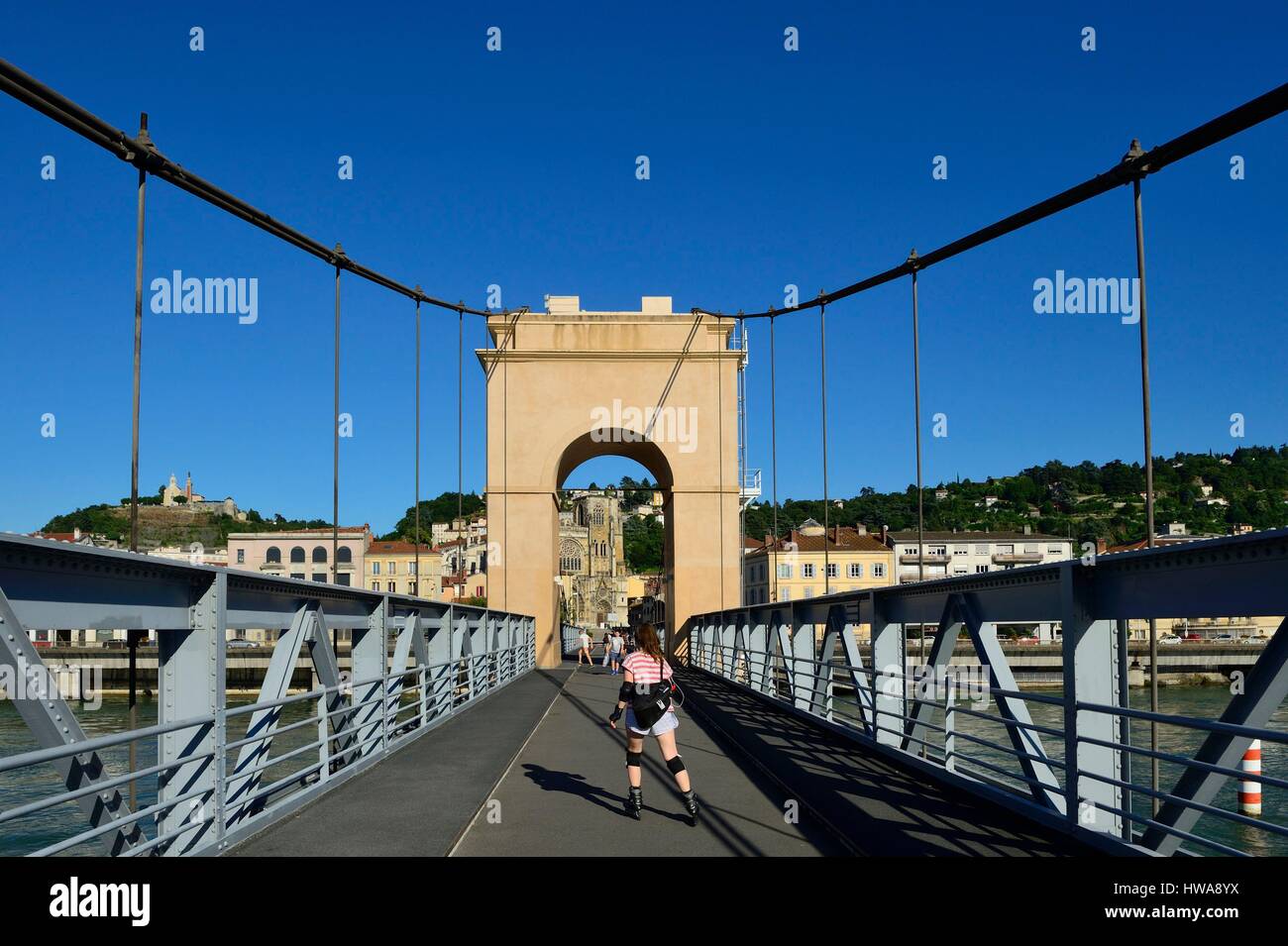 France, Isere, Vienne, suspension bridge over the Rhone river Stock