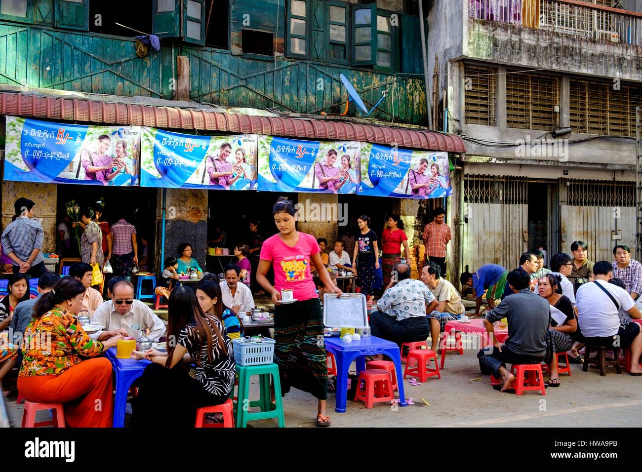 Myanmar, Yangon, old city, tea shop Stock Photo Alamy
