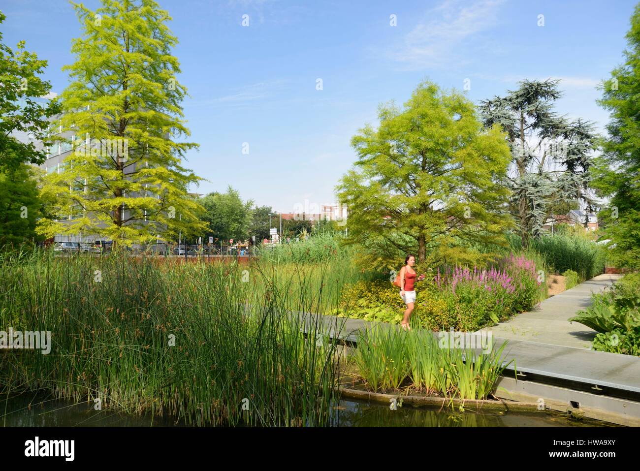 France, North, Lille, Gardens of the Giants, young woman walking on a pontoon Stock Photo