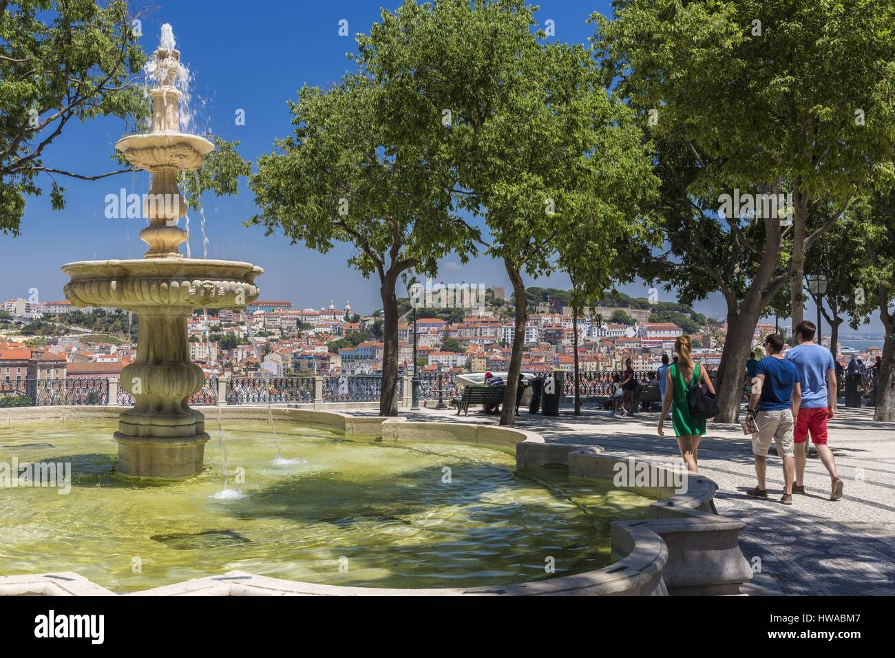Portugal, Lisbon, district Bairro Alto, the Miradouro de Sao Pedro de Alcantara, view of the town and the Castelo Sao Jorge or the castle Saint-George Stock Photo
